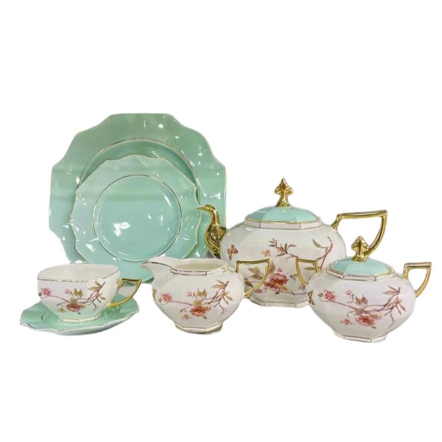 Modern Ceramic Floral Teaset (White & Green)