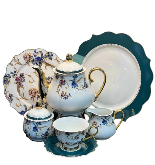 24Pcs Fine Bone China Tea Set (Green Floral Style)